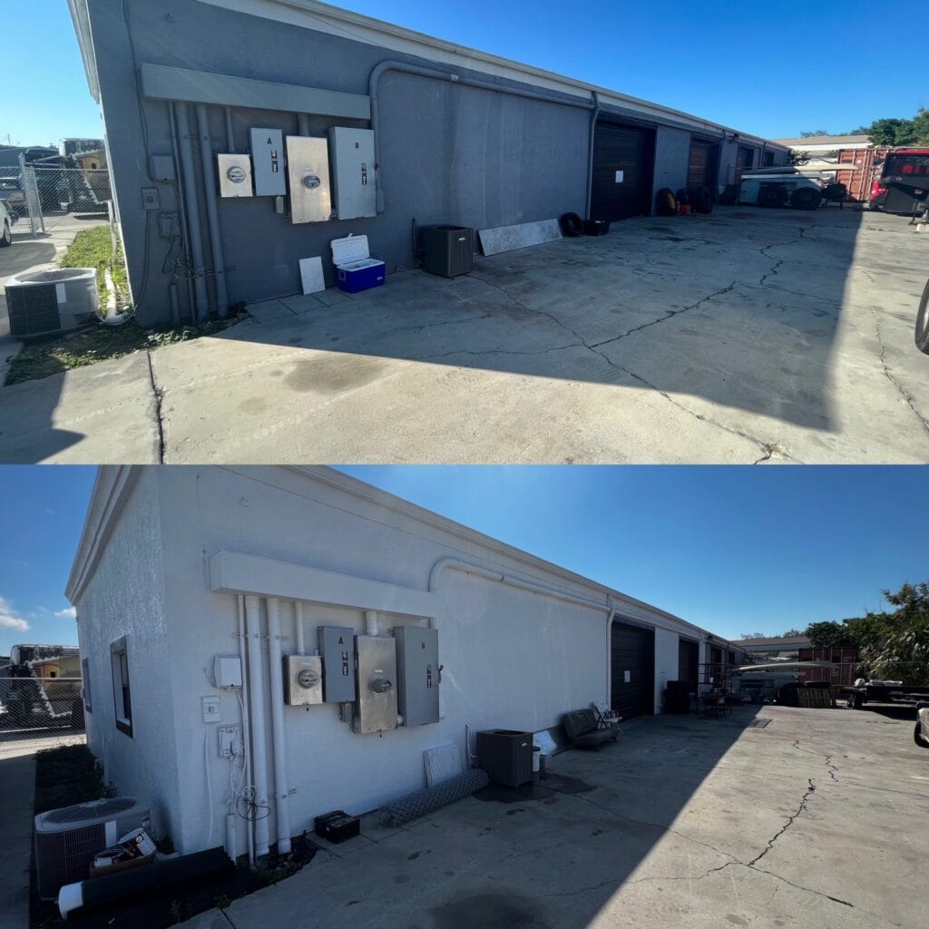 Before and after transformation of a commercial building in Sarasota, painted by Gulf Coast Painting SRQ, showcasing a vibrant and refreshed exterior.