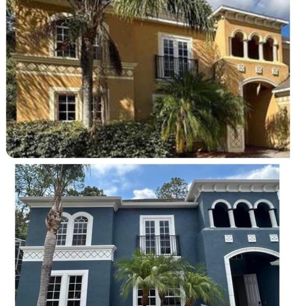 Exterior house painting in Sarasota, before and after photos demonstrating a quality paint job by Gulf Coast Painting SRQ with attention to detail and long-term durability.