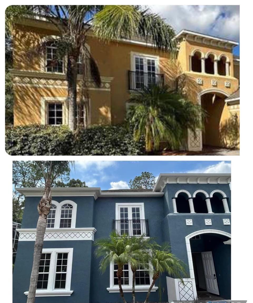 Exterior house painting in Sarasota, before and after photos demonstrating a quality paint job by Gulf Coast Painting SRQ with attention to detail and long-term durability.