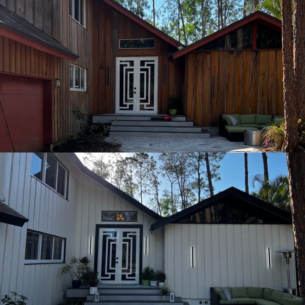 Before and after exterior painting of a Sarasota home by Gulf Coast Painting SRQ, featuring a fresh and updated look with high-quality paint.