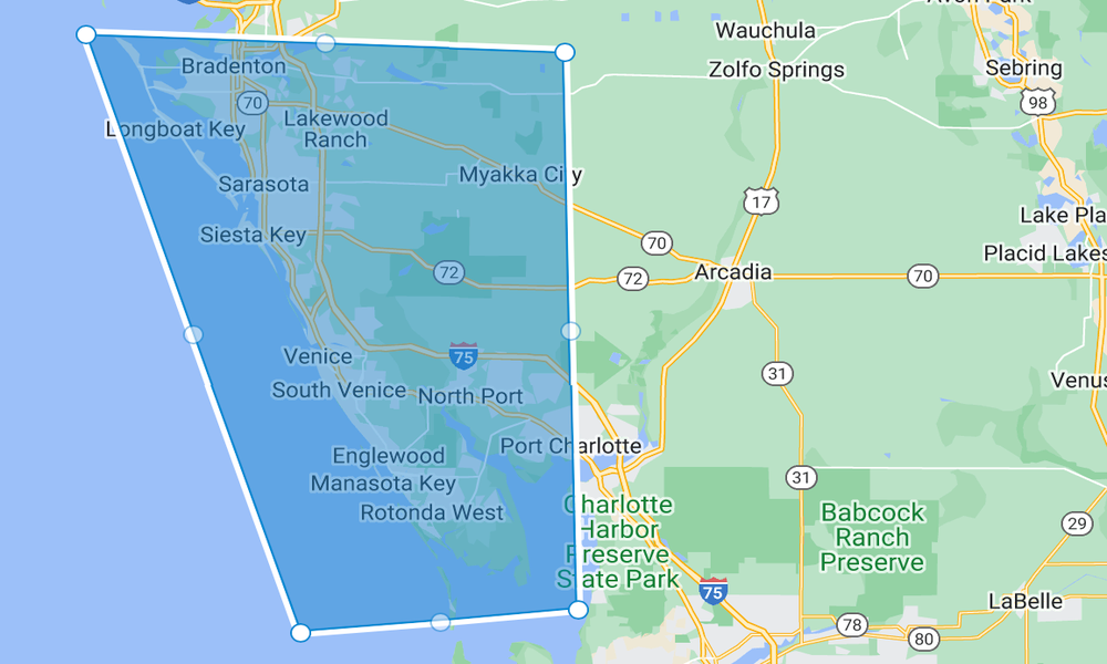 Service area map of Sarasota and Manatee Counties in Florida, highlighting Gulf Coast Painting SRQ's coverage for residential and commercial painting services.