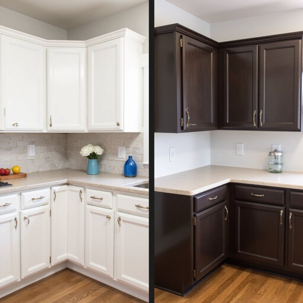 Before-and-after cabinet painting comparison from a Sarasota kitchen